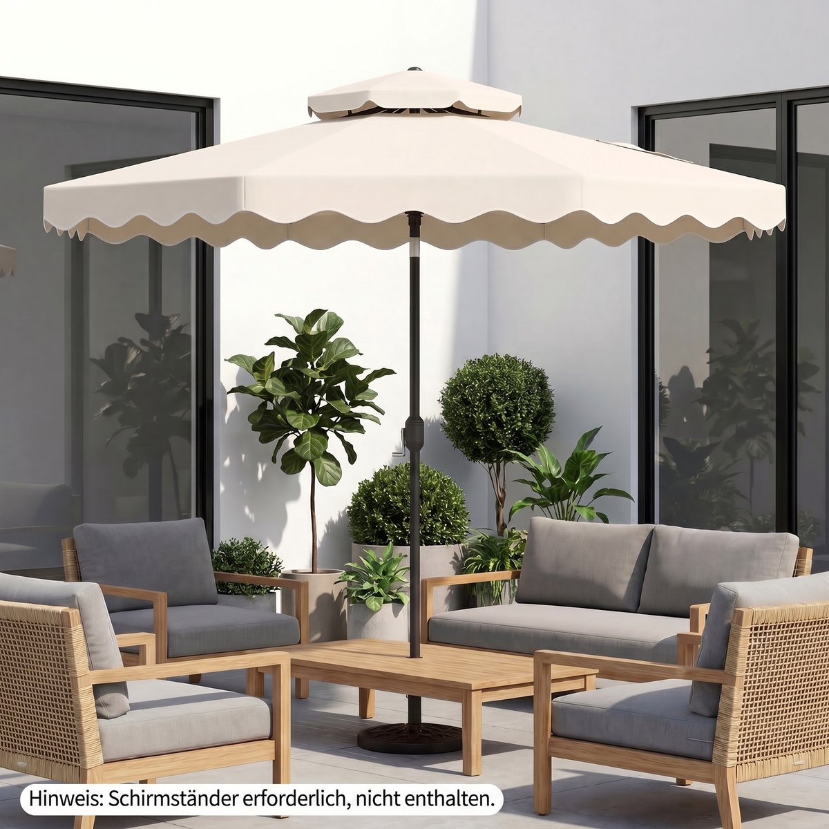 COSTWAY 300 cm parasol met dubbel doek, tuinparasol met draaihendel en volant, 30° kantelbaar aan beide zijden, terrasparasol, marktparasol voor tuin, balkon, terras (beige) – foto 7