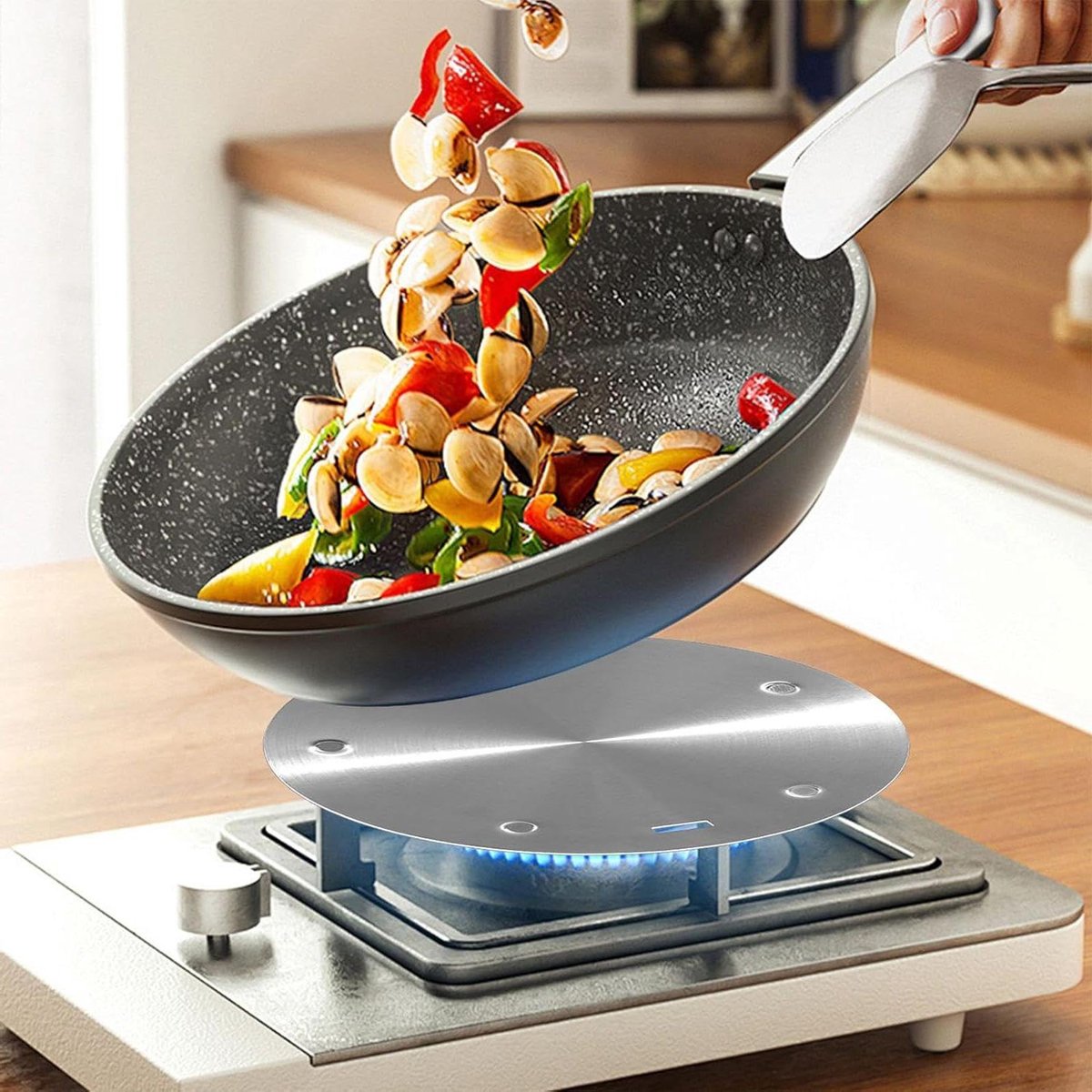 Converterplaat Inductie Warmtediffusor Schijf Gelijkmatig Koken Afneembare Handgreep 20 cm Zilverkleurig