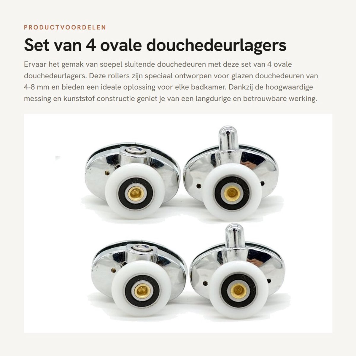 Dailygoods- Douchedeurlagers Set van 4 - 23 mm Wieldiameter - Geschikt voor Glas 4-8 mm - Messing/Kunststof - Eenvoudig te Schuiven - Easy Glide - Douchedeurrollen