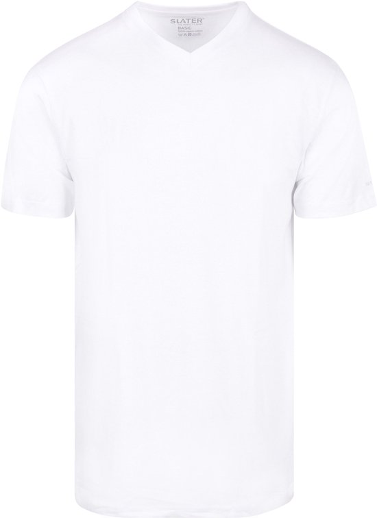 Een wit Slater basic t-shirt met V-hals, op de mouw staat een logo.