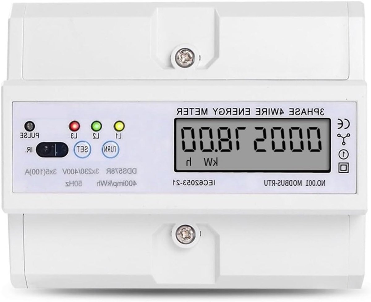 Energieverbruiksmeter LCD - Stroommeter Wattmeter - Energie Verbruik Meten - 3 Fase 4 Draad - 5-100A - Grijs