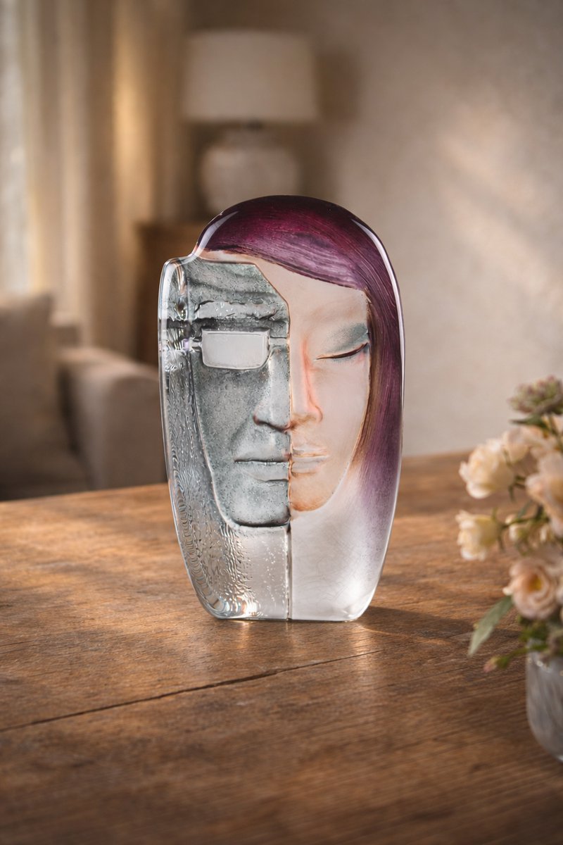 Mats Jonasson Female – Expressief Glaskunstobject Met Tweezijdig Vrouwelijk Gezicht - Kristal - Voor Binnen - Tafel