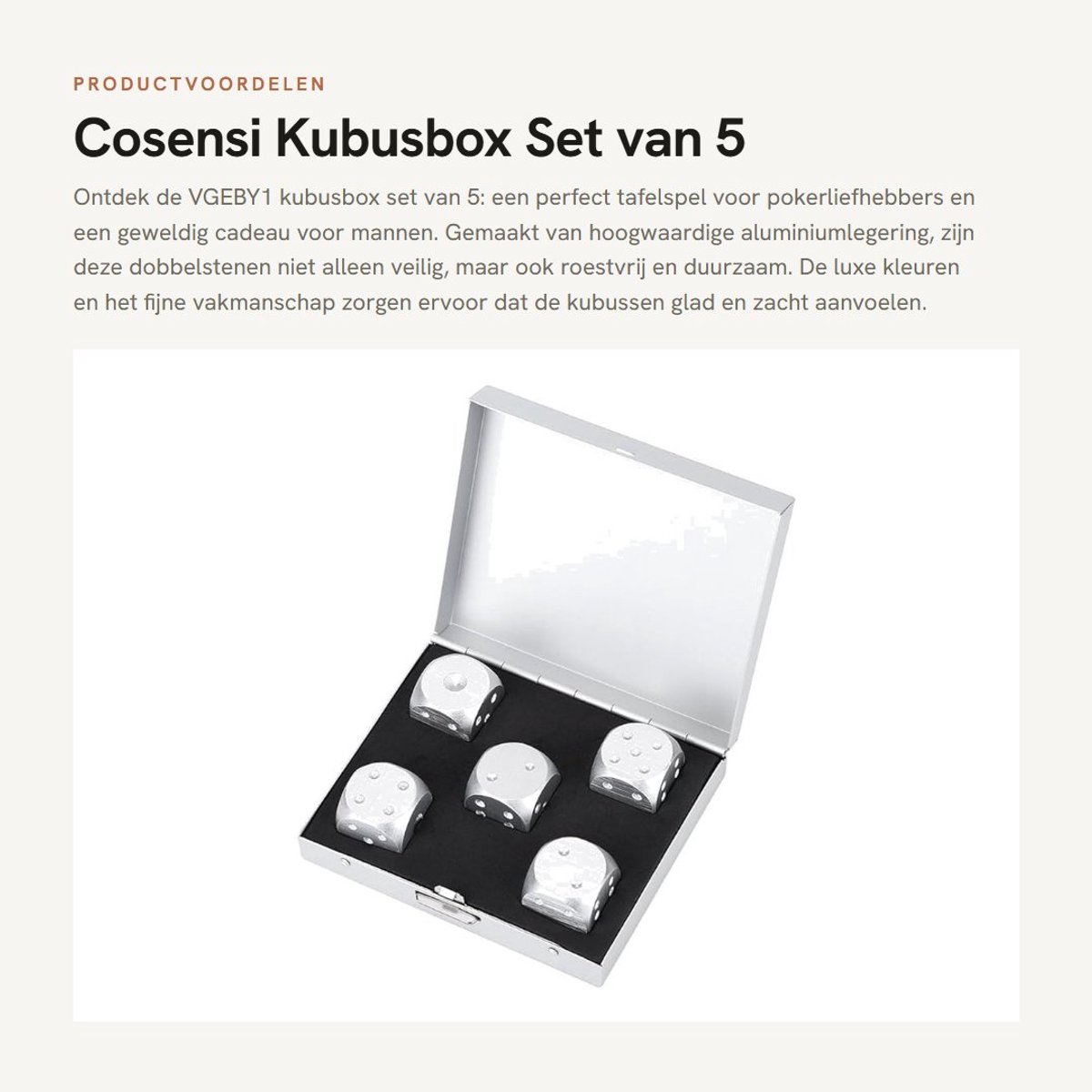 Dailygoods- Kubusbox Set van 5 Stuks - Aluminiumlegering - Tafelspel - Poker - Cadeau voor Mannen - Luxe Kleur en Vakmanschap - Dobbelstenen
