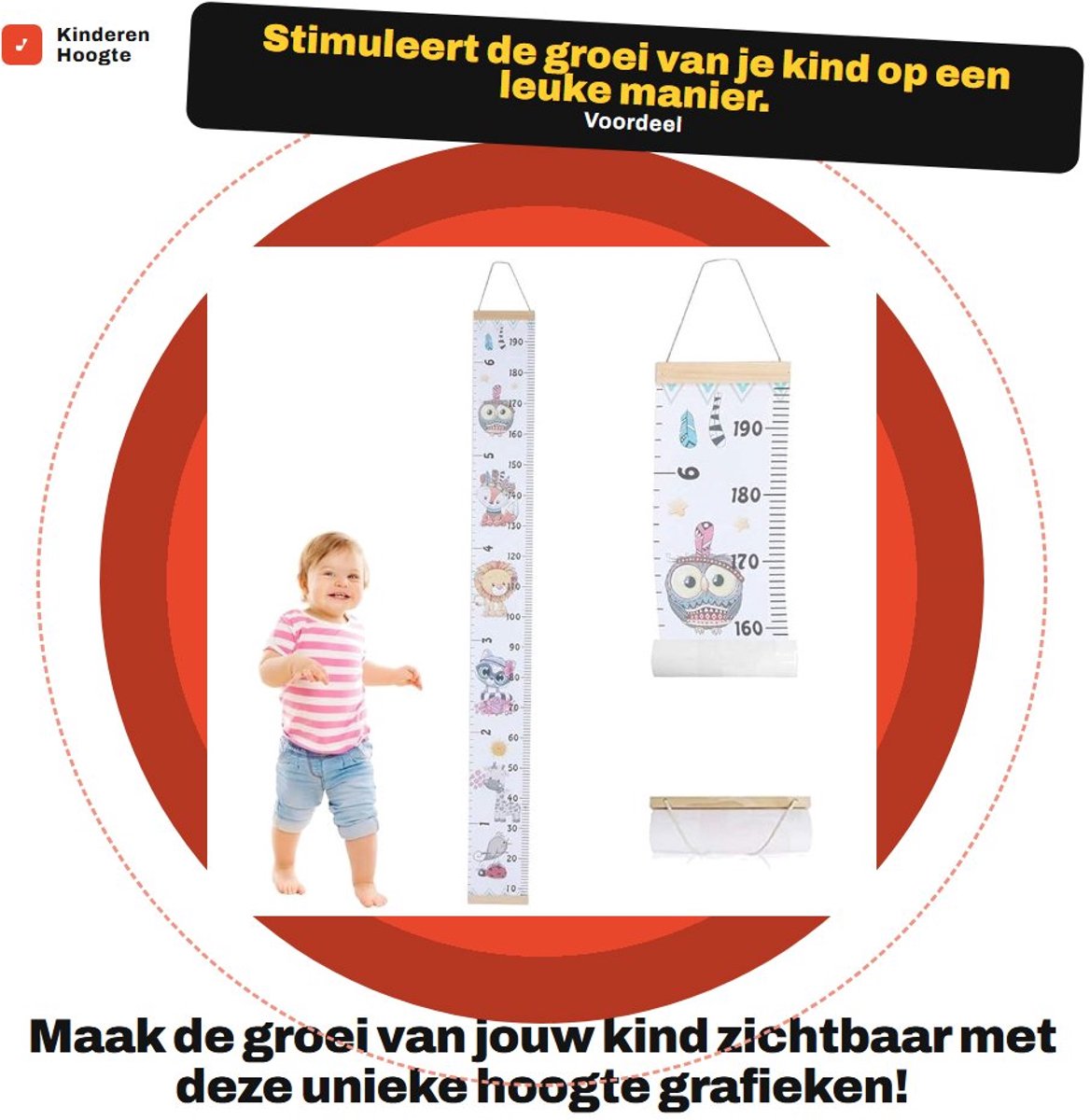 Dailygoods- Hoogtegrafiek Draagbaar - Groeimeter Kind - Houten Groeimeter - Muurstickers - Decoratie Kinderkamer - Eenvoudig te installeren