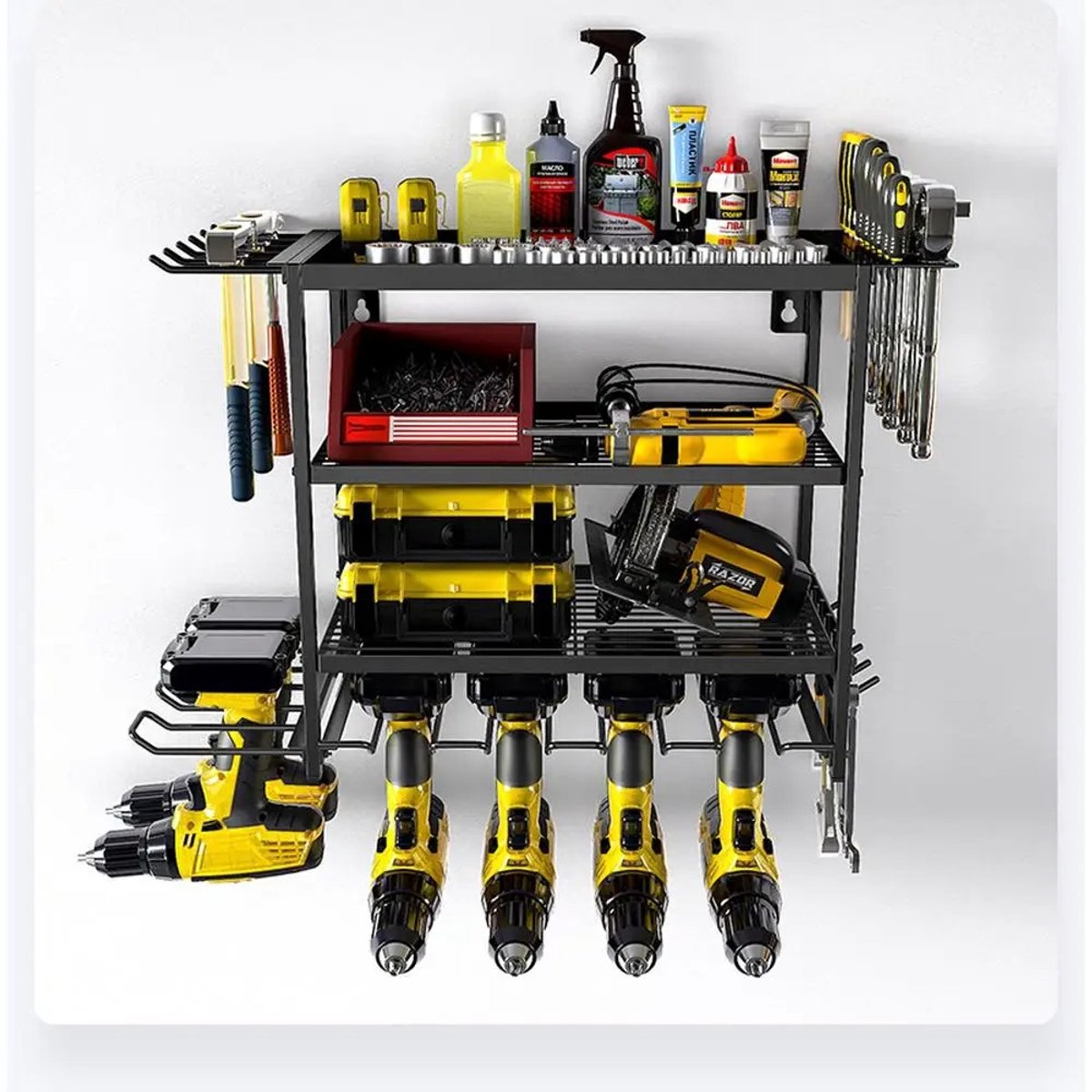 Geargalaxy Gereedschapsorganizer - Wandgemonteerd Gereedschapsrek - Boorhouder - Tool Storage Rack - 4 Lagen - 60x25x42cm - Zwart