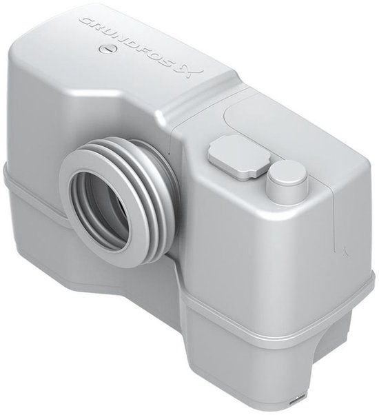 Grijze Grundfos Sololift2 met 'GRUNDFOS' op de deksel en ronde aansluiting.