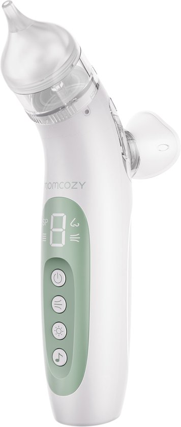 Witte Momcozy 2-in-1 elektrische neusreiniger met groen accent en digitaal display met knoppen.