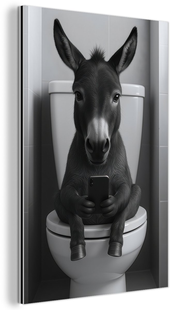 Aluminium schilderij 60x90 cm - Wanddecoratie metaal - Ezel - Telefoon - Toilet - Zwart -