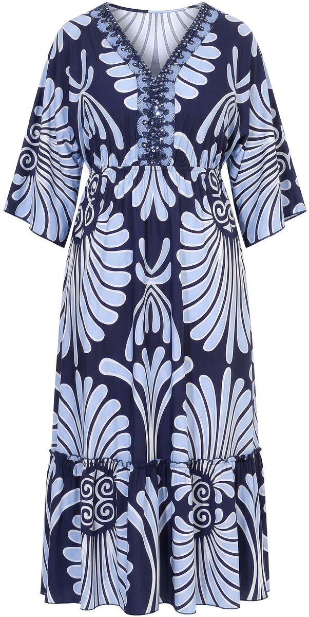 Ulla Popken - Dames - Maxi-jurk cotton touch V-hals Dolman-mouwen - Marine - Maat 46+