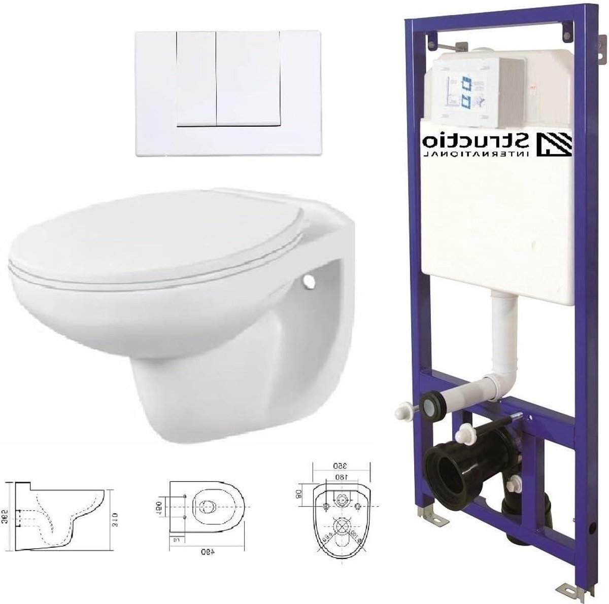 Wandtoilet Compleetset - Inbouwtoilet Set - Badkamer Vernieuwen - Zonder Spoelrand - 1150-1390mm Hoog - Wit