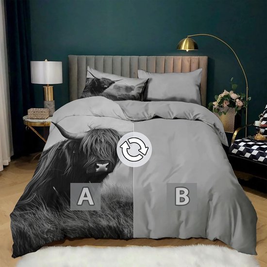 Vergelijkingsbeeld van dekbedovertrek met Schotse hooglander (A) en effen grijs (B).