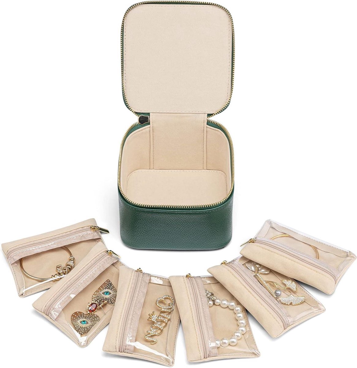 Sieraden Opberger - Reis Etui - Sieraden Organiseren - Inclusief 6 zakjes - Compact Formaat - Groen