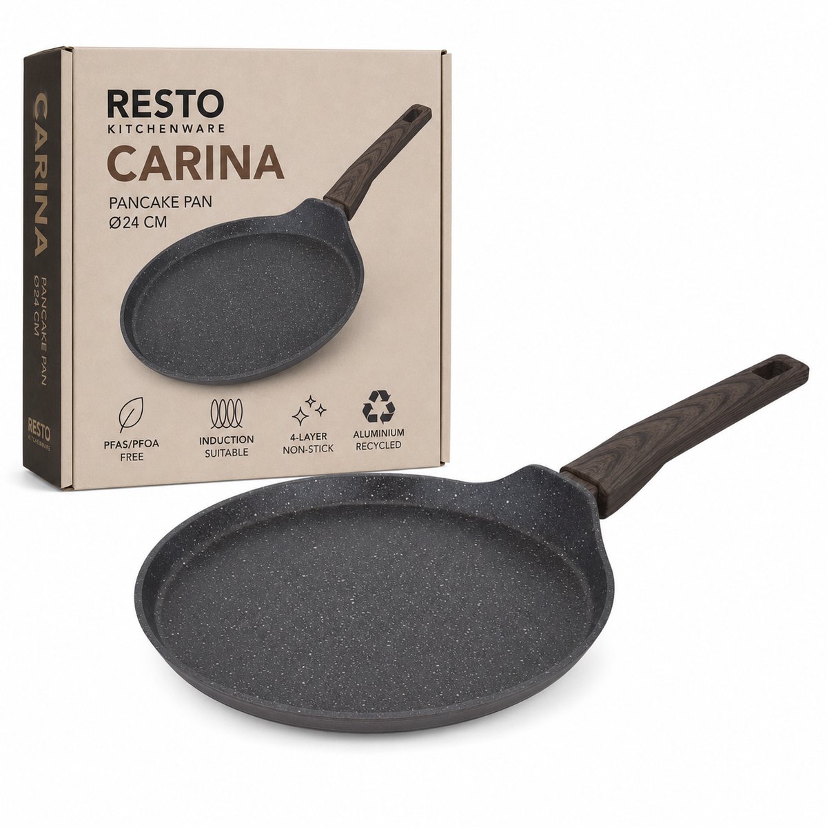 RESTO Carina Pannenkoekpan 24 cm – Crêpepan – Inductie Geschikt – 4-Laagse Anti-aanbaklaag – PFAS/PFOA Vrij – Aluminium Pancake Pan