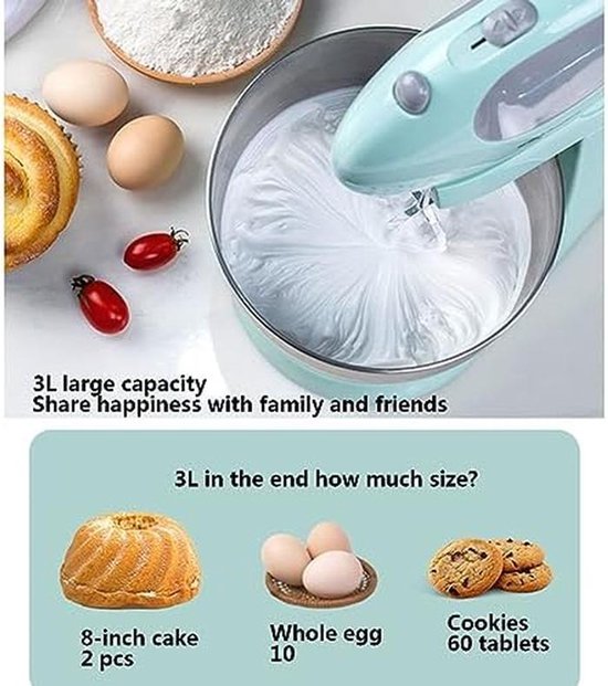 Elektrische Handmixer - Keukenmixer - Bakken en Koken - 2-in-1 Ontwerp - 3 Liter Kom - Wit — afbeelding 3