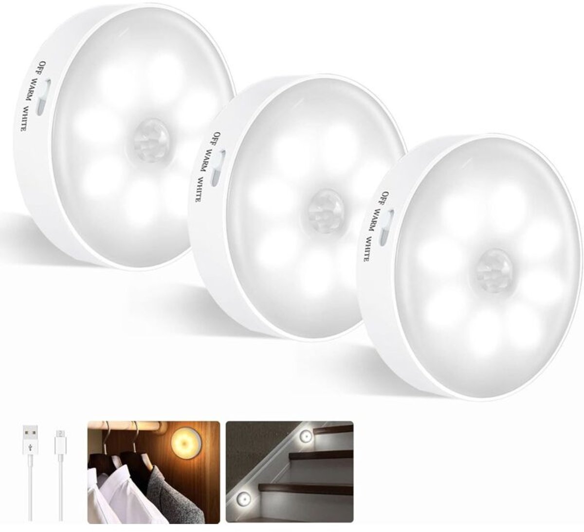 LED-lampjes geschikt voor bewegingssensor, 3 stuks, LED-nachtlampje, draadloos opladen via USB-inductie, tweekleurig (wit licht + warm licht)