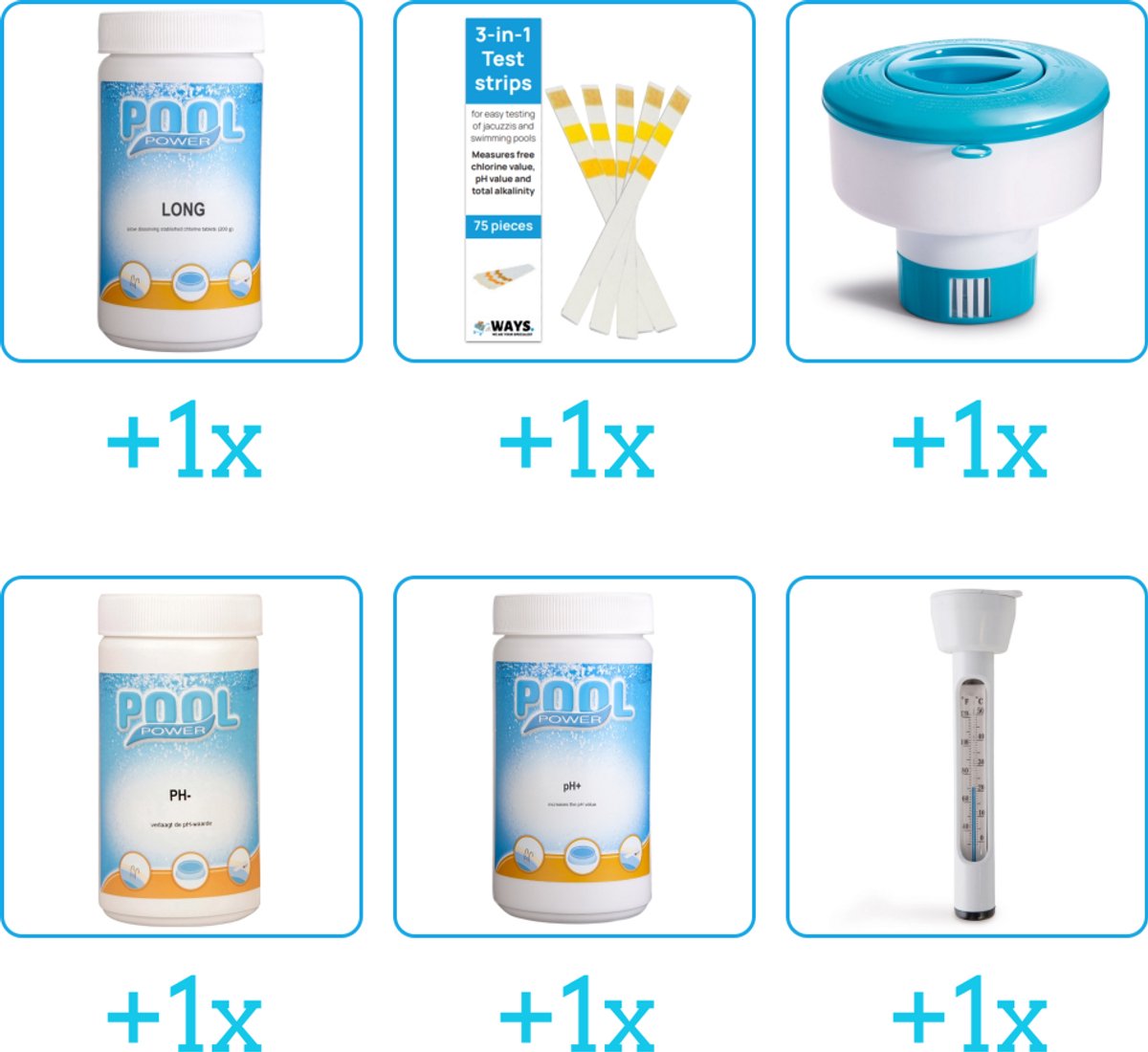 Zwembad Onderhoudspakket - Onderhoud Zwembad - bevat Chloor - Testrips - Chloordrijver - PH-min - PH-plus en Thermometer (6-delig)