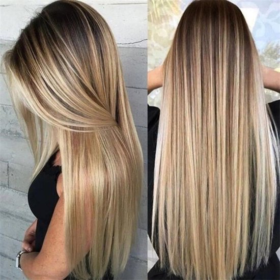Lang steil pruik met ombre highlights, op een model.