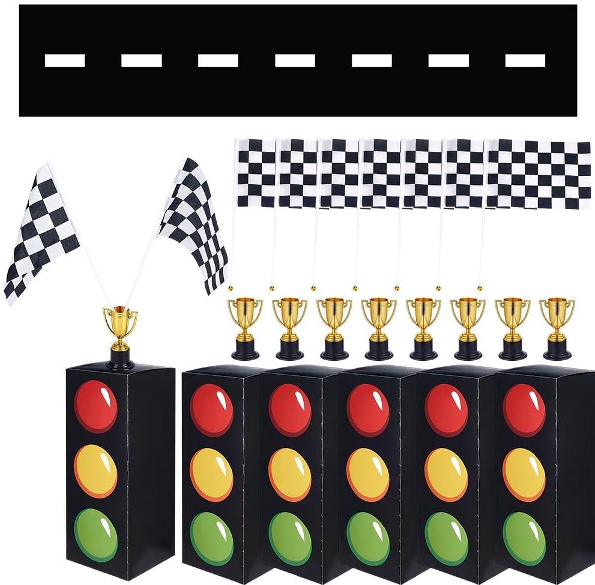 Dailygoods - 43 Stuks Raceauto Feestdecoraties Set met Trofee en Vlaggen