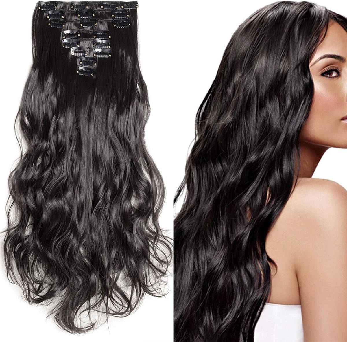Clip-in Haarverlenging 8 Vlechten Golvend 43 cm - Vol en Natuurlijk Zwart Haarstukje