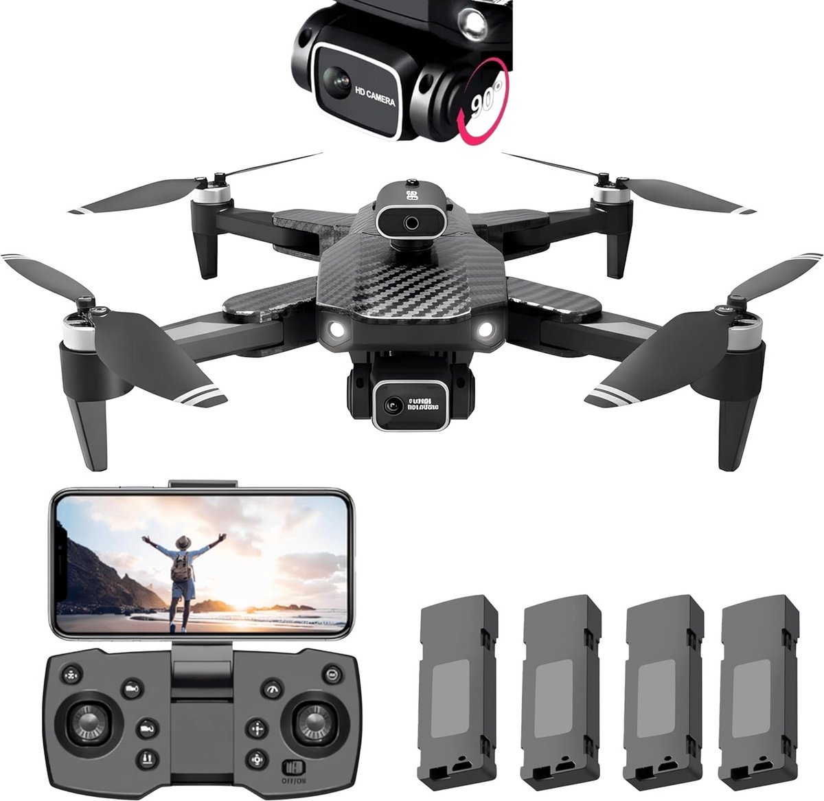 Drone met camera - Vliegend toestel - Luchtfotografie maken - Obstakelvermijding - 53 min vliegtijd - Zwart