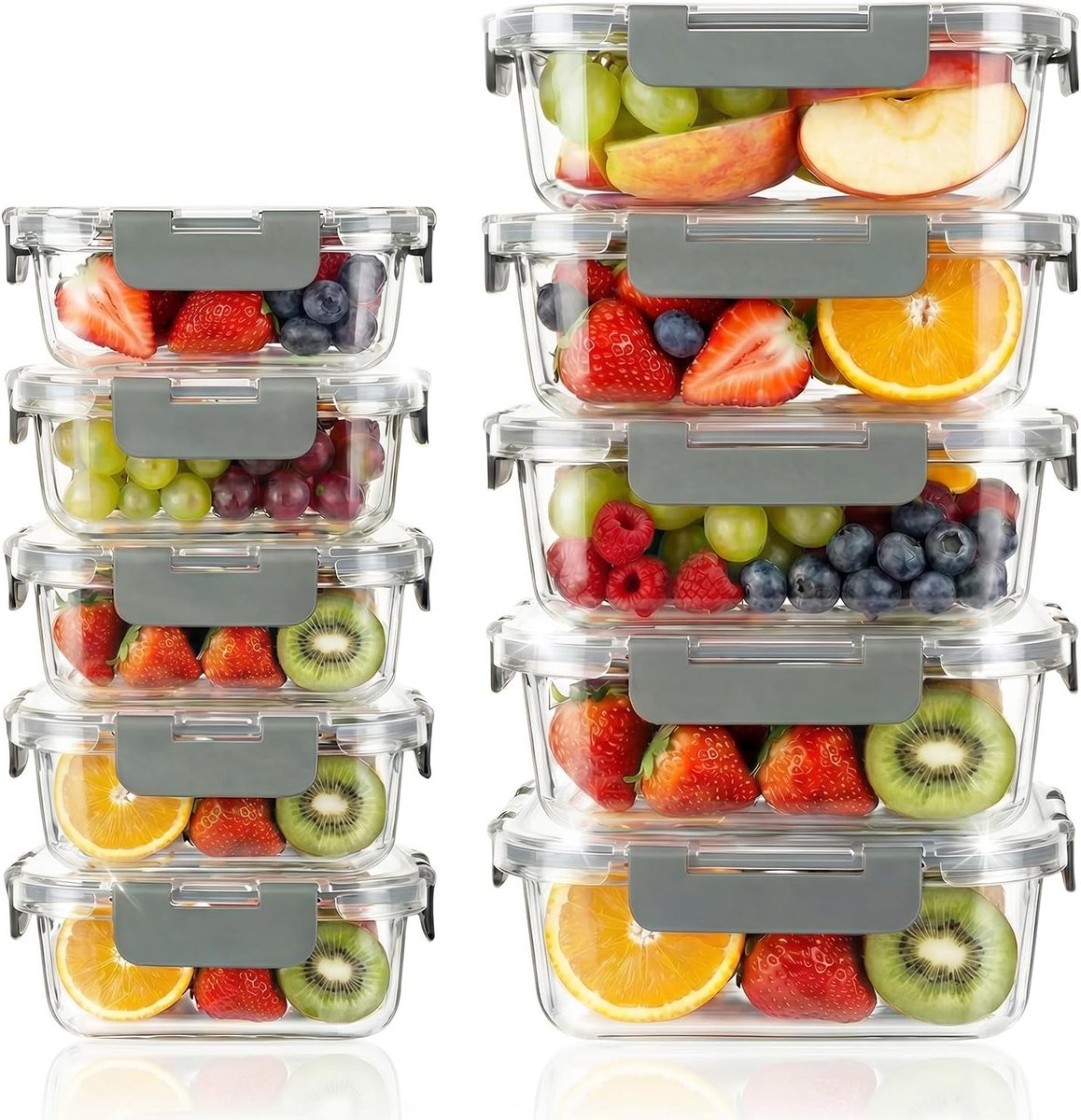 Set van 10 Borosilicaat Glazen Voedselcontainers met Deksel, BPA-vrij, Geschikt voor Magnetron, Vaatwasser en Vriezer, Ideaal voor Maaltijdvoorbereiding en Bewaring van Eten