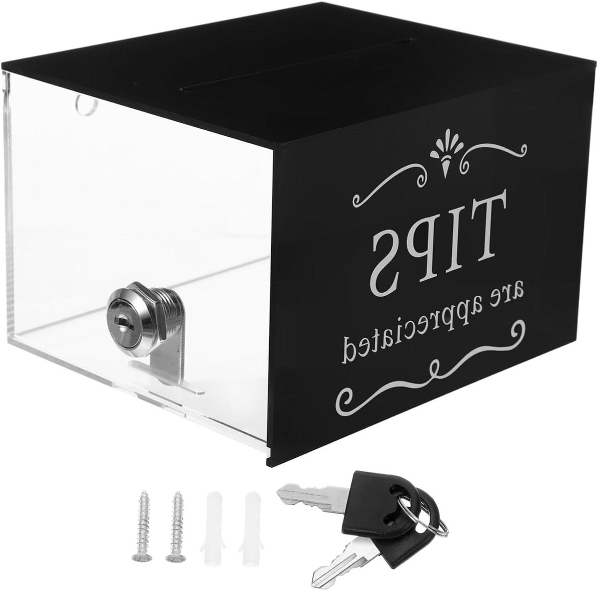 Transparante Tip Box - Donatie Container - Geld Inzamelen - Met Slot - 12.5 x 15 x 10 cm - Zwart