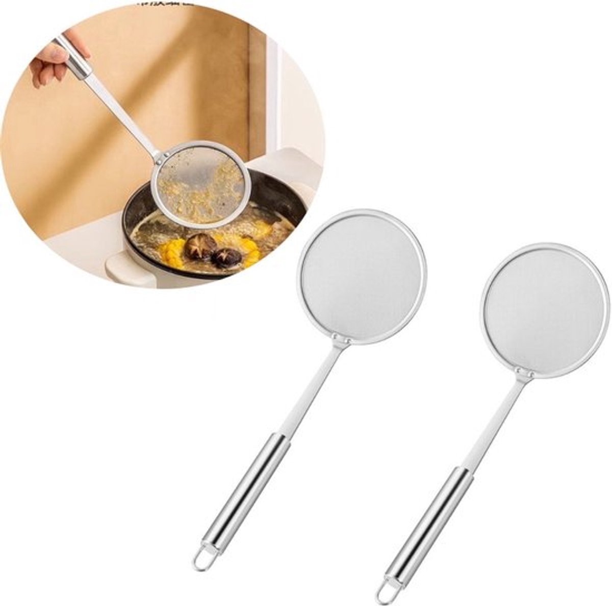 Verpakking van 1 – Fijnmazige zeef – Ultrafijn (100-mesh) – Roestvrijstalen schuimspaan – Zeefje – Oliescheider – Afgietlepel – Keukenhulp (voor het afschuimen van schuim/vaste deeltjes van sojamelk) – Zilver – 14 cm