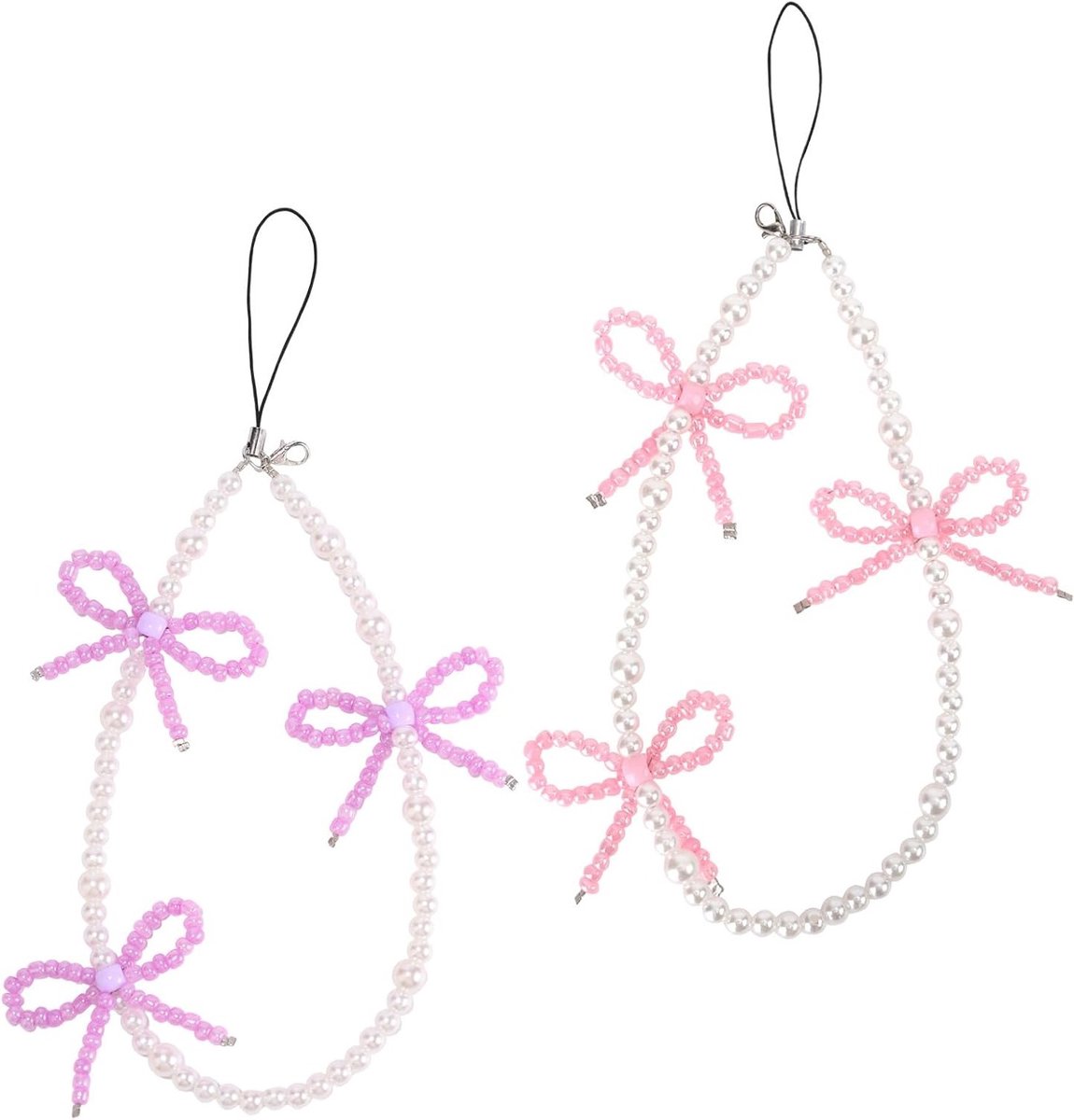 2 Stuks Kralen Telefoon Hangers met Strikjes, Universele Aesthetic Parels, Schattige Telefoon Polsband voor Tas, Camera en Oordopjes Decoratie (Roze en Paars)