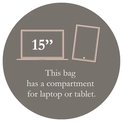 Illustratie van een laptop van 15 inch en een tablet. Tekst: 'Deze tas heeft een compartiment voor laptop of tablet.'