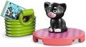 Lego Friends accessoires: zwart katje op roze platform en groene mand met 'Meow Bits' verpakking.