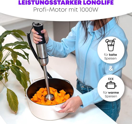 ProfiCook Hand Blender Stainless Steel 1000 Watt Extra Long 27 cm Bar Speed Control Ergonomic Soft Touch Handle 4 Stainless Steel Blades Removable Rod PC-SM 1094 van ProfiCook — afbeelding 2