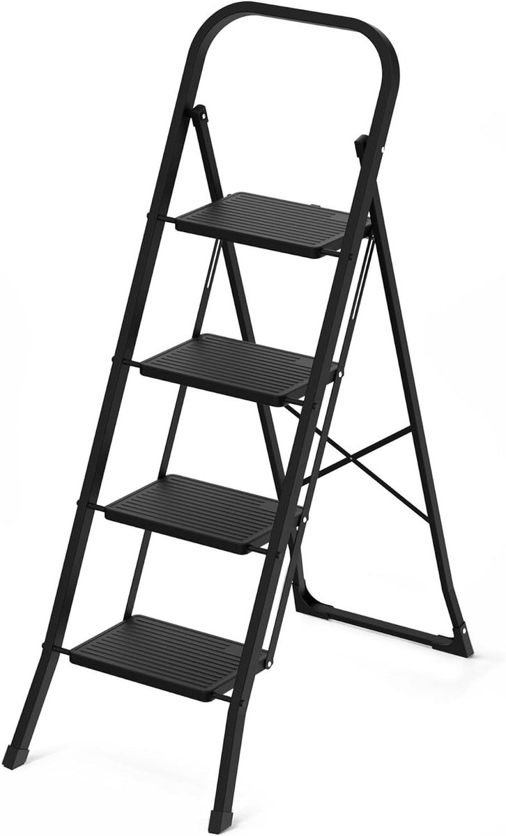 Huishoudtrap 4 treden - Keukentrap inklapbaar - Veilig werken hoogte - Antislip treden pootjes - 93 cm stahoogte - Zwart
