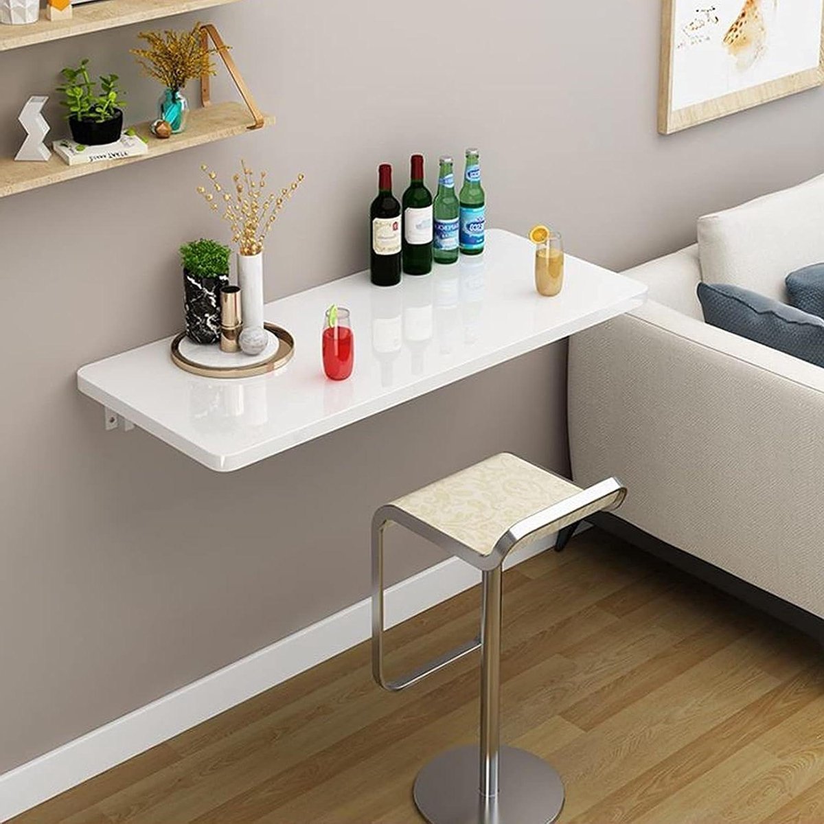 Opvouwbare Wandtafel - Klapbureau - Ruimte Besparen - Stalen Beugels - 90x30cm - Wit