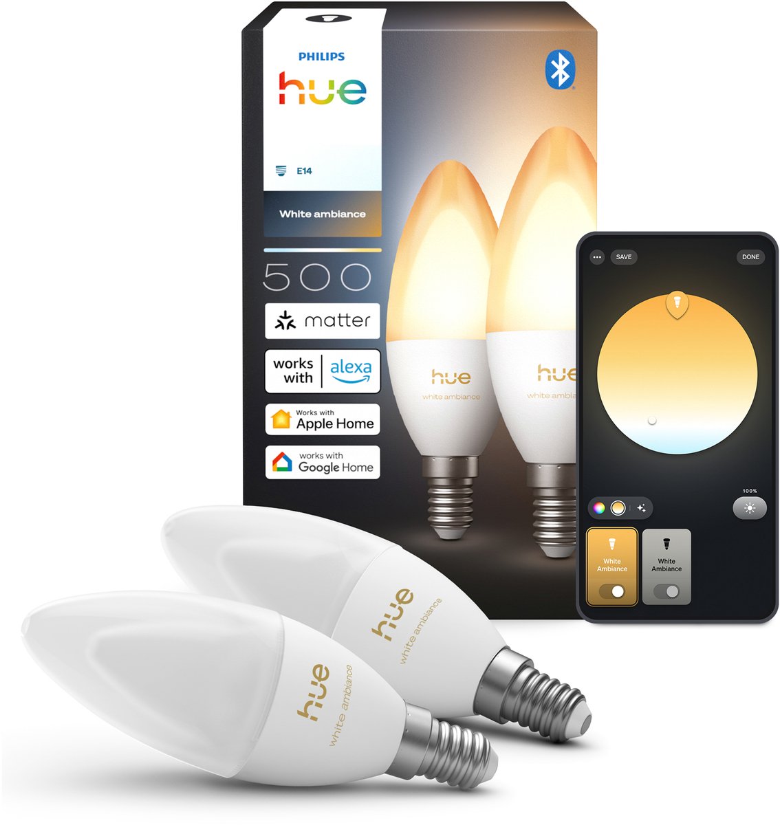 Philips Hue LED kaarslamp - E14 fitting - bevat 2 lampen - aanpasbaar wit licht - slimme verlichting