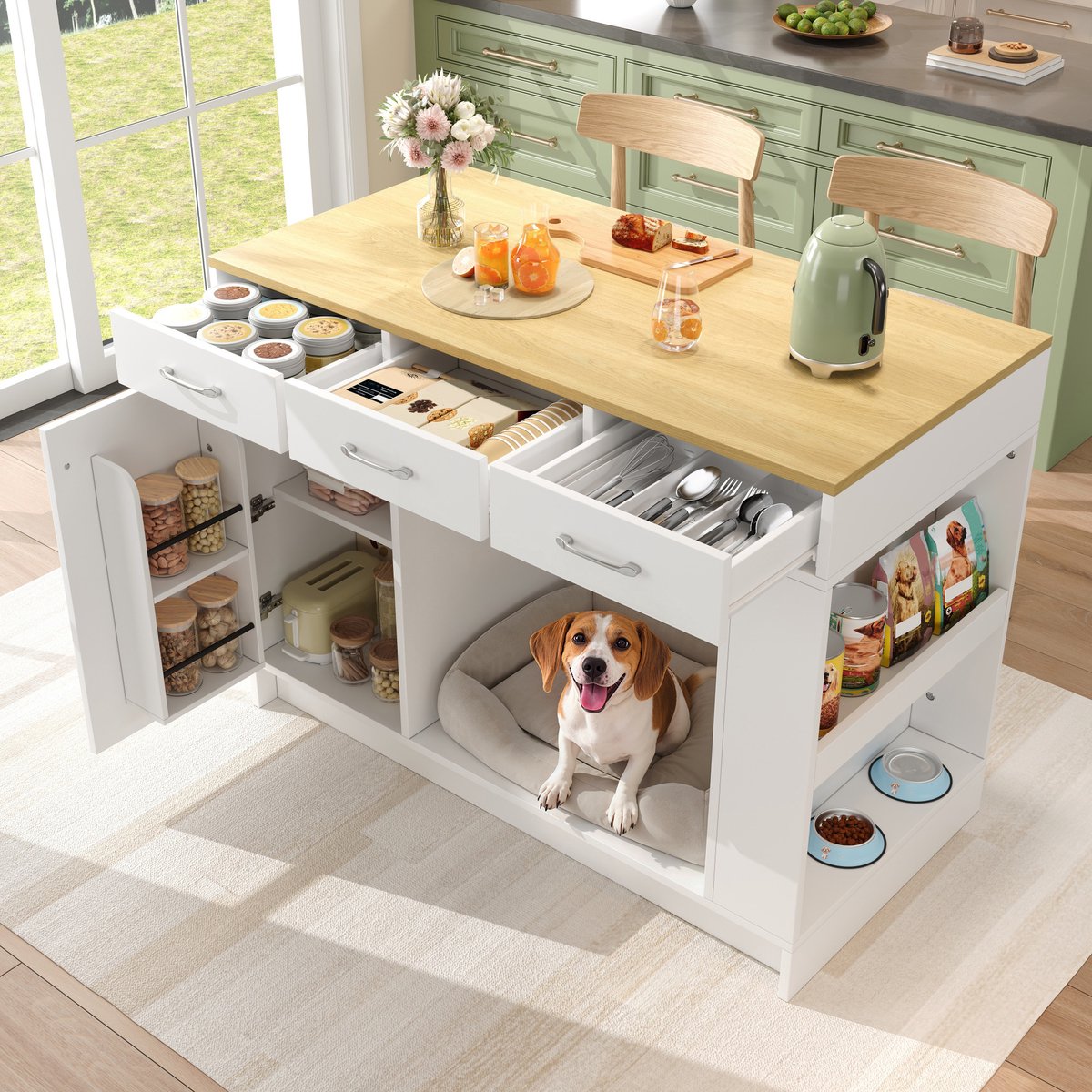 Keukeneiland - 120 x 60 x 90 cm - Met 3 Lades en Opbergruimte - Hout - Wit