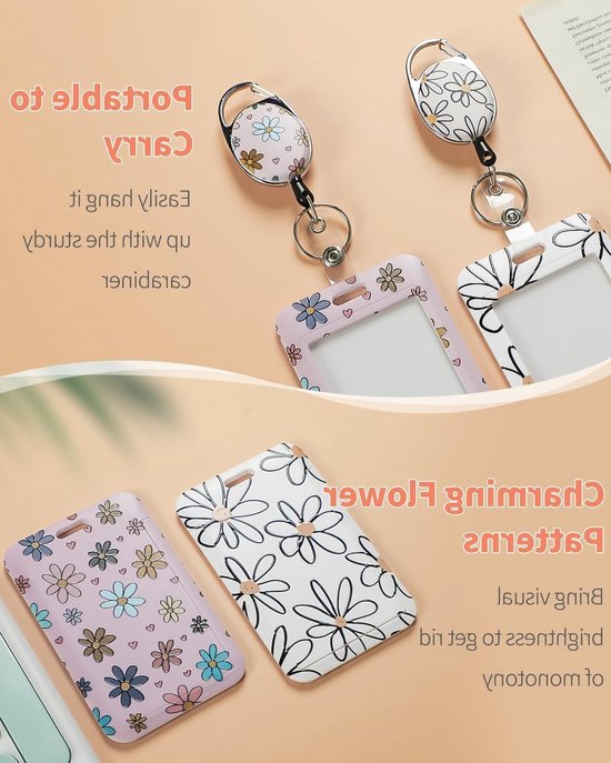 Set van 2 Bloemige Badgehouders met Retractable Reel en Carabiner voor ID, School en Werk — afbeelding 4