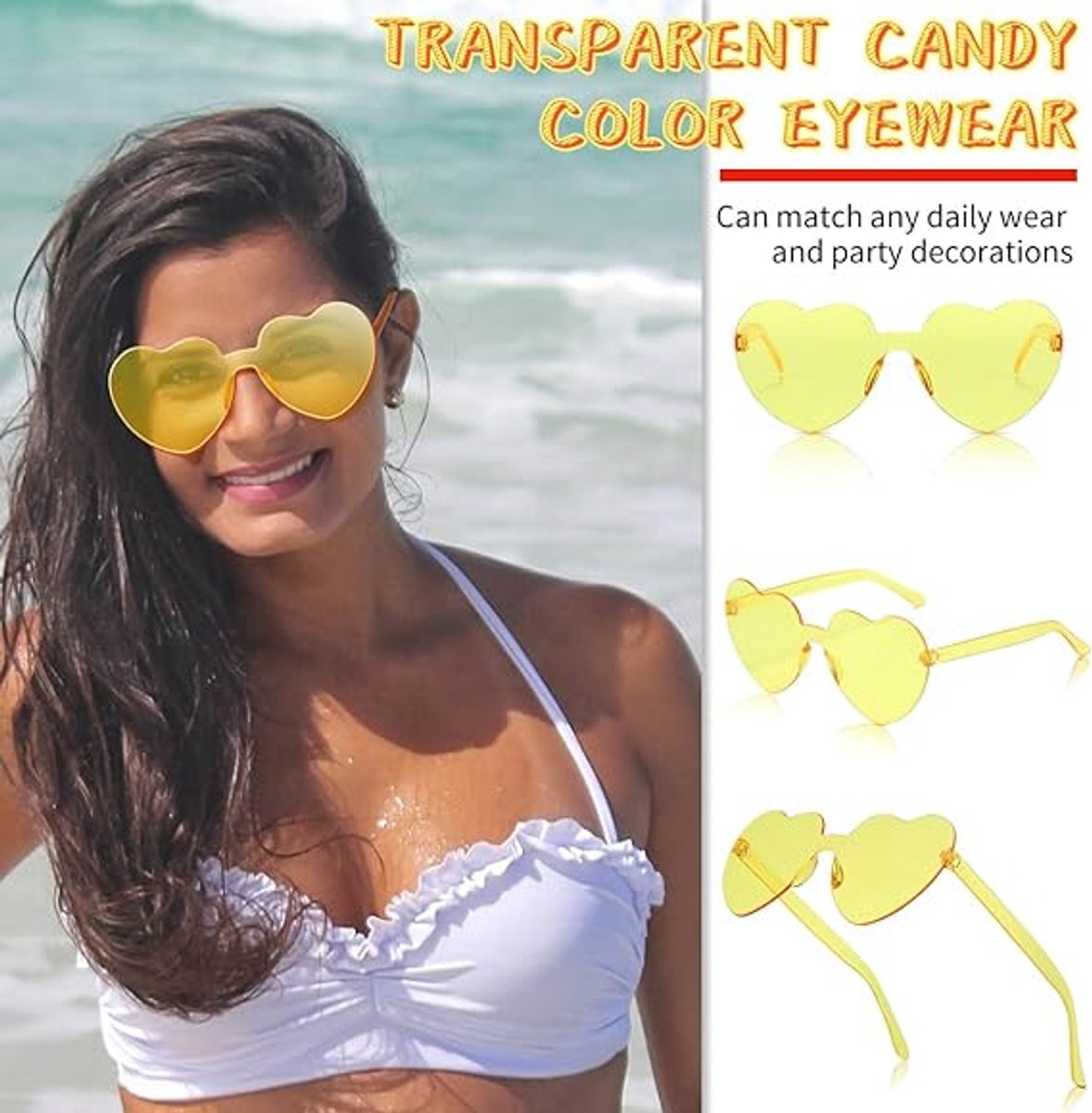 12 paar unisex hartvormige zonnebrillen, stijlvolle, frameloze, transparante hartvormige zonnebrillen, feestartikel - geel