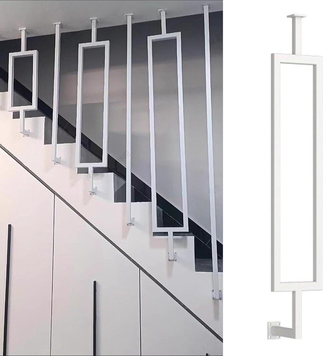 Trapleuningen voor vlakke en hellende trappen, aanpasbare trapspijlen van ijzer, zwart/wit/goud, metalen balustradepaal ter voorkoming van vallen (wit (1 st.), 230 cm/90,6 inch/7,5 ft)