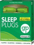 Groene doos met 'SLEEP PLUGS' en 'MULTIPACK 10+4 FREE'. Twee groene oordopjes zichtbaar in venster. 'gp' logo.