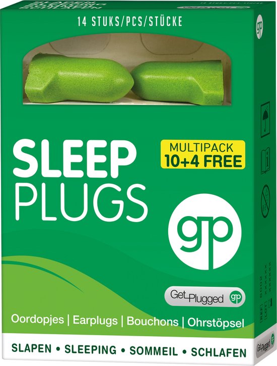 Groene doos met 'SLEEP PLUGS' en 'MULTIPACK 10+4 FREE'. Twee groene oordopjes zichtbaar in venster. 'gp' logo.