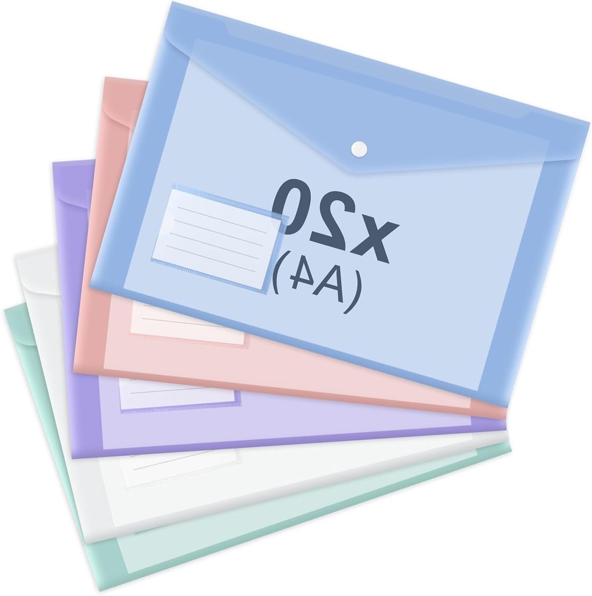 Plastic Hoezen - Documenten Mappen - Documenten Opbergen - Met Drukknopen - 20 Stuks - 5 Kleuren