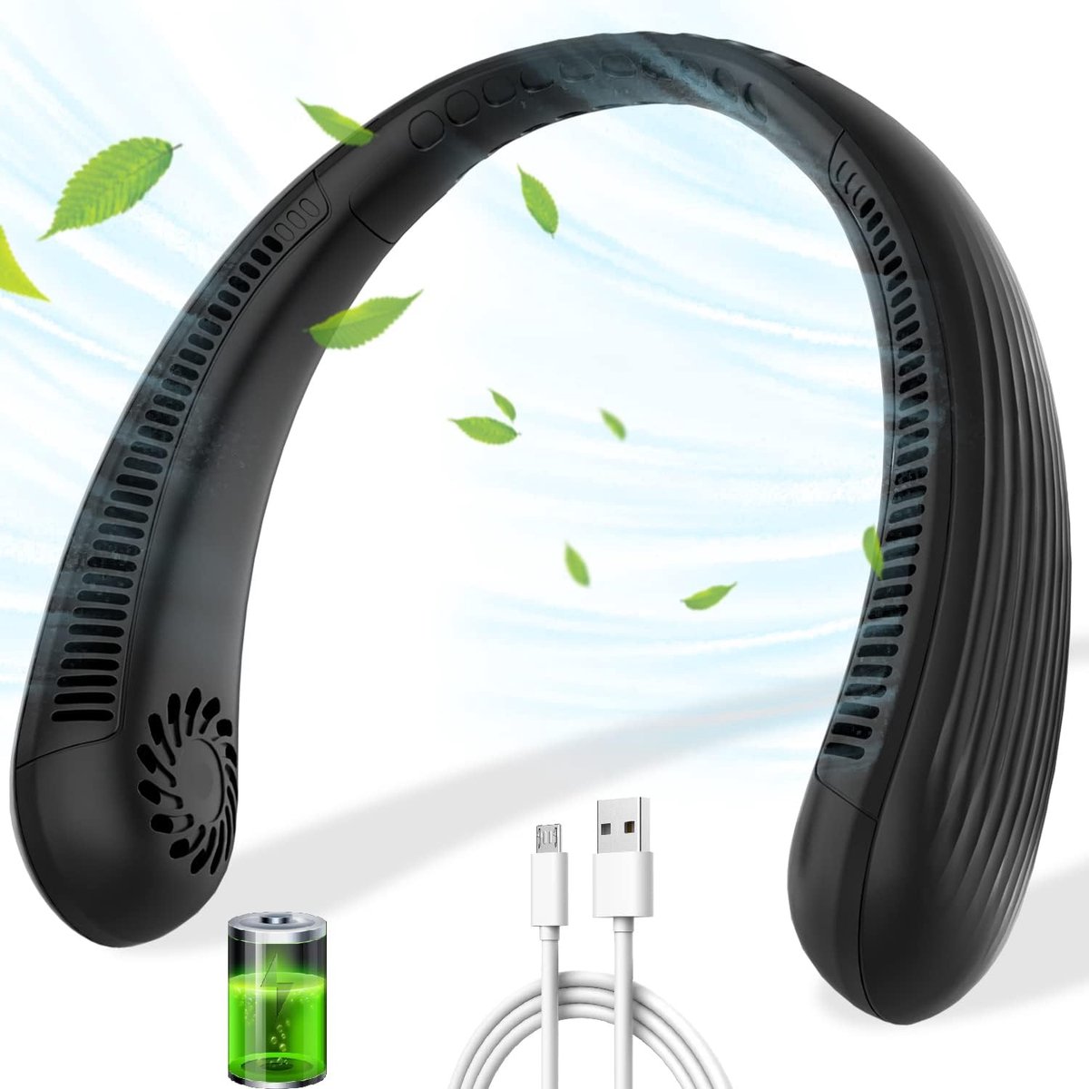 Ulisem - Nekventilator - Oplaadbaar 3000mAh - 3 standen - 62 ventilatieopeningen - 360° verstelbaar - Bladloos en veilig - Stil - Voor reizen en kantoor - Zwart