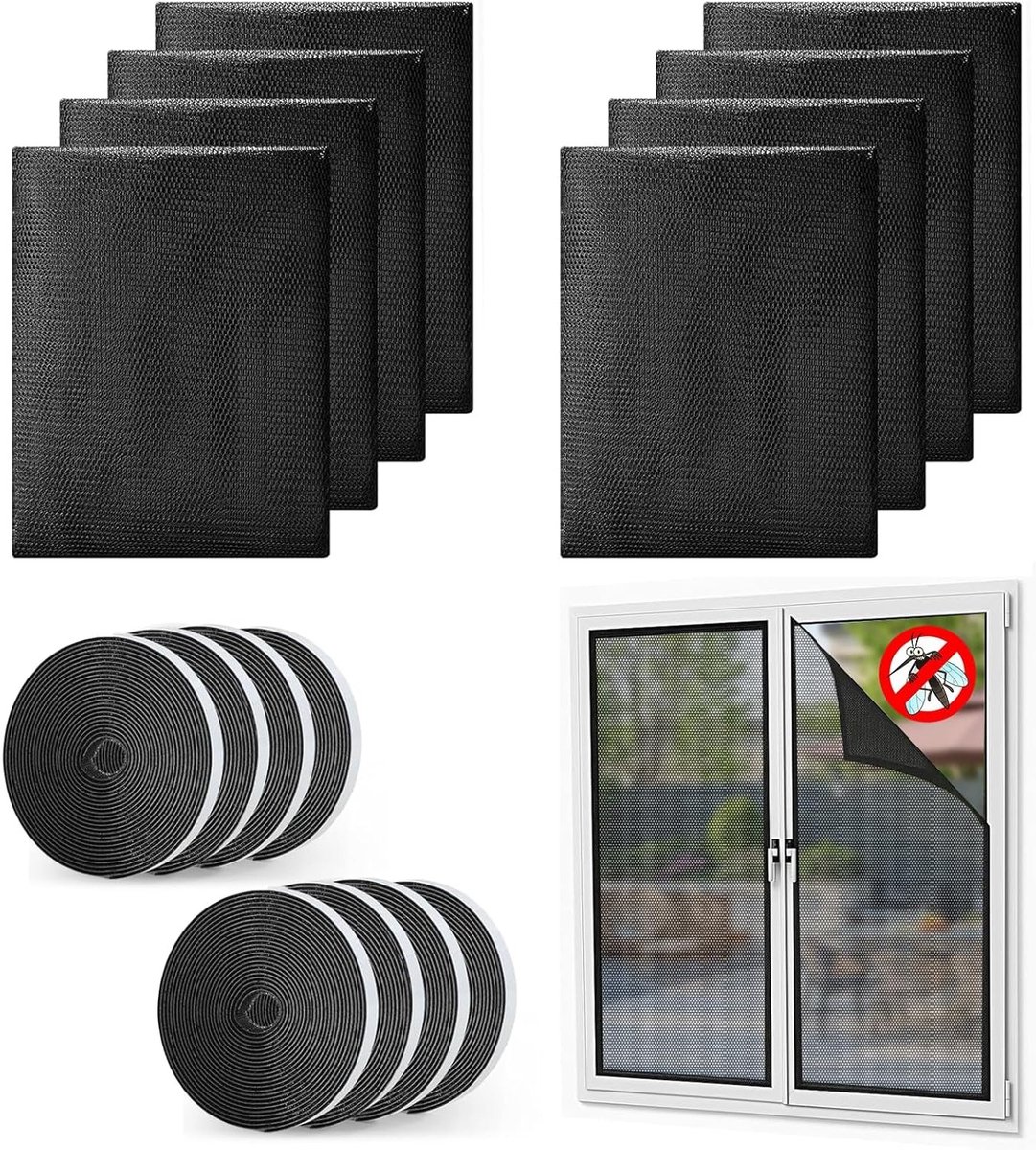 Insectenwerend Raamnet 130 x 150 cm, Innovatieve Plakstrip, Geen Boren Nodig, Ideaal voor Ramen, Polyester, Zwart, Set van 8, Effectieve Bescherming tegen Vliegen en Muggen