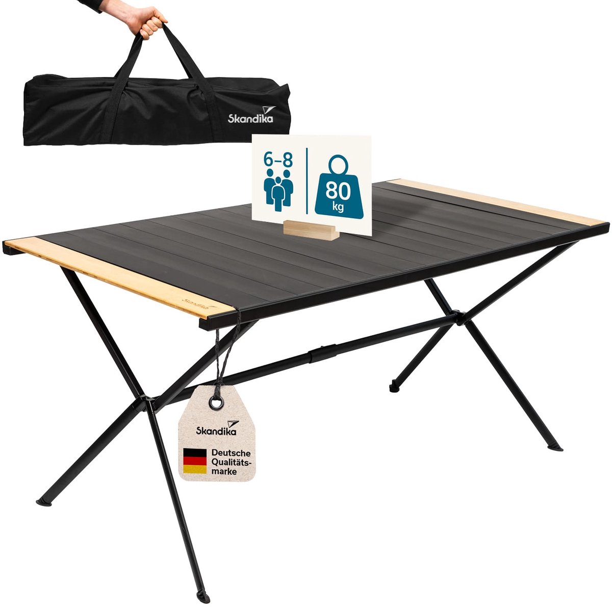 Skandika kampeertafel Tivaro - Aluminium kampeertafel met hout, voor 6 personen, draagvermogen 80 kg, waterbestendig, roestvrij, opvouwbaar, licht, oprolbaar tafelblad | Vouwtafel voor tuin, camping, vissen
