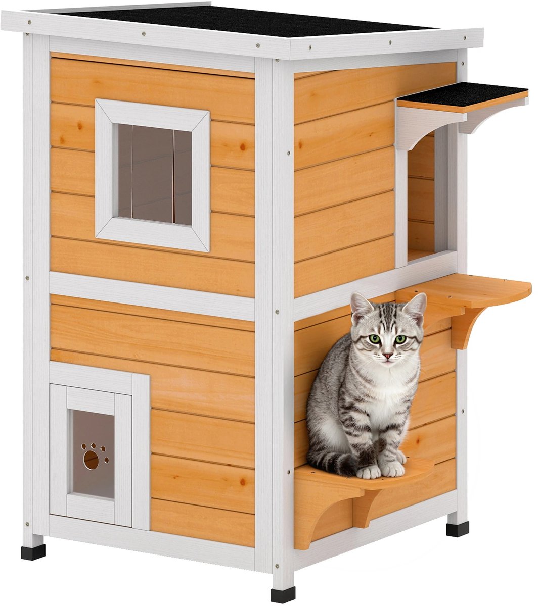 Roossentials kattenhuis buiten - Dierenhuis - Kattenhuis - Kattenhok - Kattenbak - 2 verdiepingen - Met openbaar dak - Hout