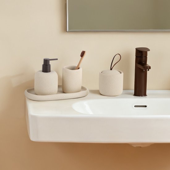 Polyresin Badkamer Accessoires Set - 5-delig - Zeepdispenser - Toiletborstel - Tandenborstelhouder & Tray - Beige - Luxe Afwerking - Natuurlijke Look