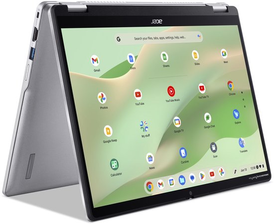 Zilveren Acer Chromebook Spin 314 in tabletmodus, met Google-apps op het scherm.