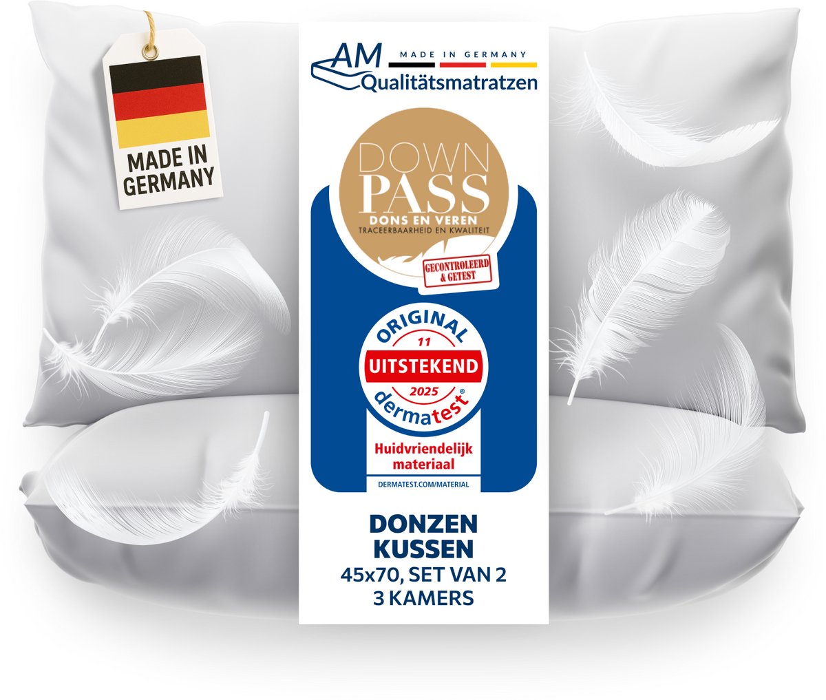DormiGood - Premium donskussen 45 x 70 cm 100% natuurlijk Set van 2 - 3 compartimenten hoofdkussen 80x80 1080g extra zacht - Hoogwaardig inlegwerk van katoen