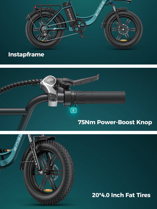 ENGWE L20 Boost Elektrische fiets - Actieradius 120km - Verwijderbare batterij 48V13Ah - Motor 250W - Shimano 7 versnellingen - Mechanische Schijfremmen - 20 Inch Commuter E-Bike - Fatbike - Zwart — afbeelding 4