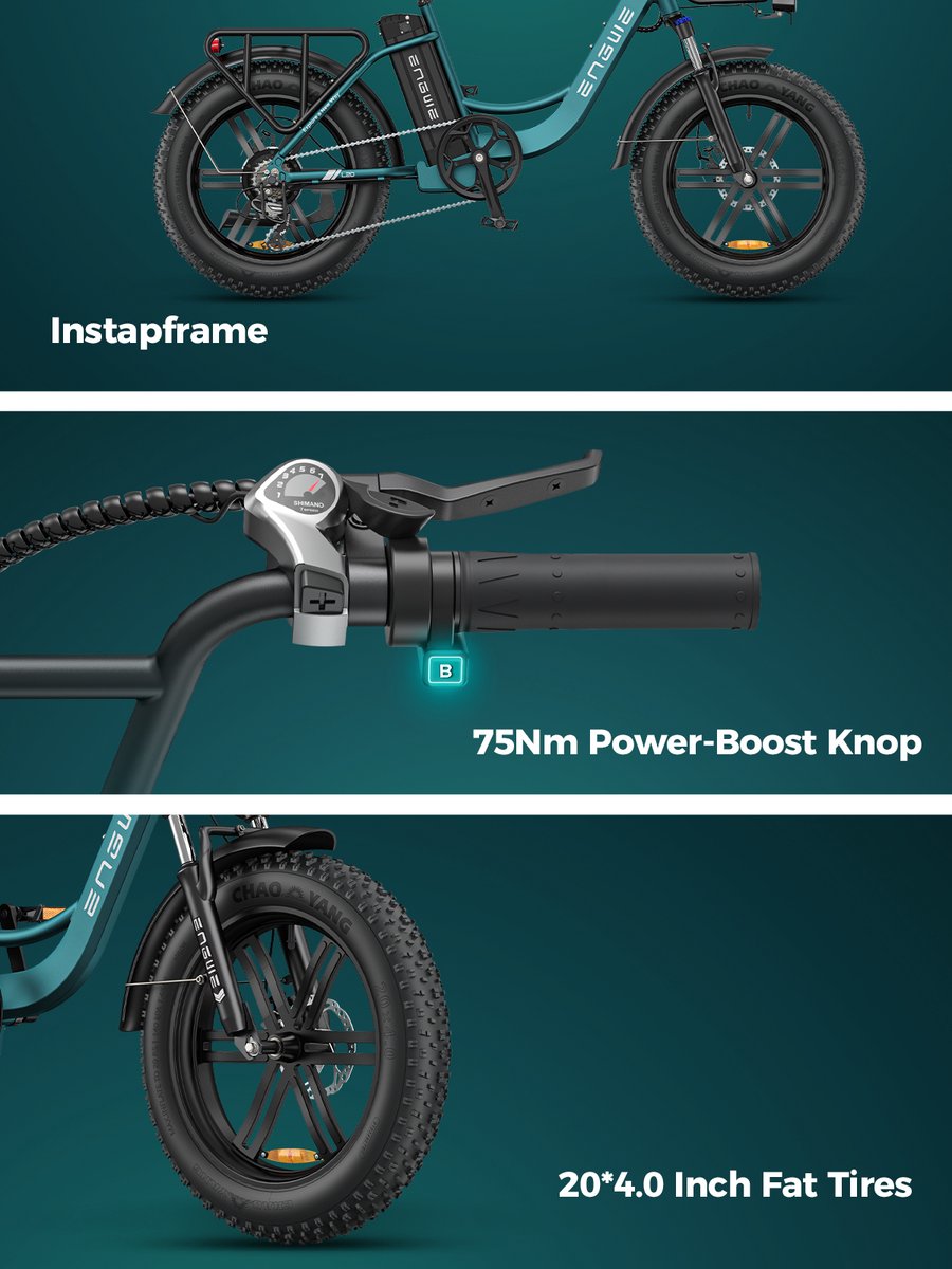ENGWE L20 Boost Elektrische fiets - Actieradius 120km - Verwijderbare batterij 48V13Ah - Motor 250W - Shimano 7 versnellingen - Mechanische Schijfremmen - 20 Inch Commuter E-Bike - Fatbike - Zwart – foto 7